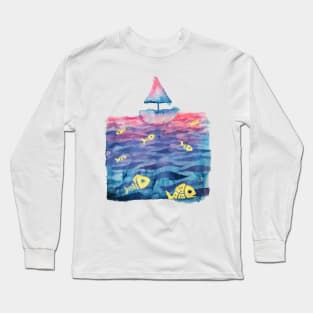 Sea, Boat & Fish Watercolor Long Sleeve T-Shirt